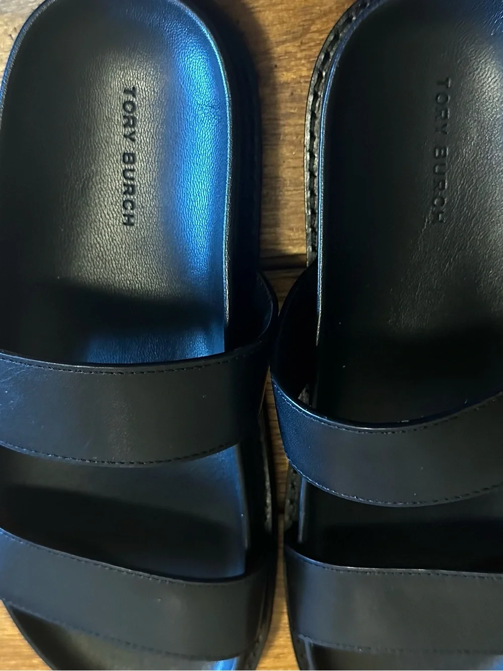 Tory Burch Black Leather Double-strap Slide Sandals with Logo Medallion